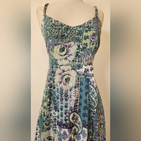 Boho Floral Printed Blue-Green Maxi Dress with Belt - Picture 4 of 4
